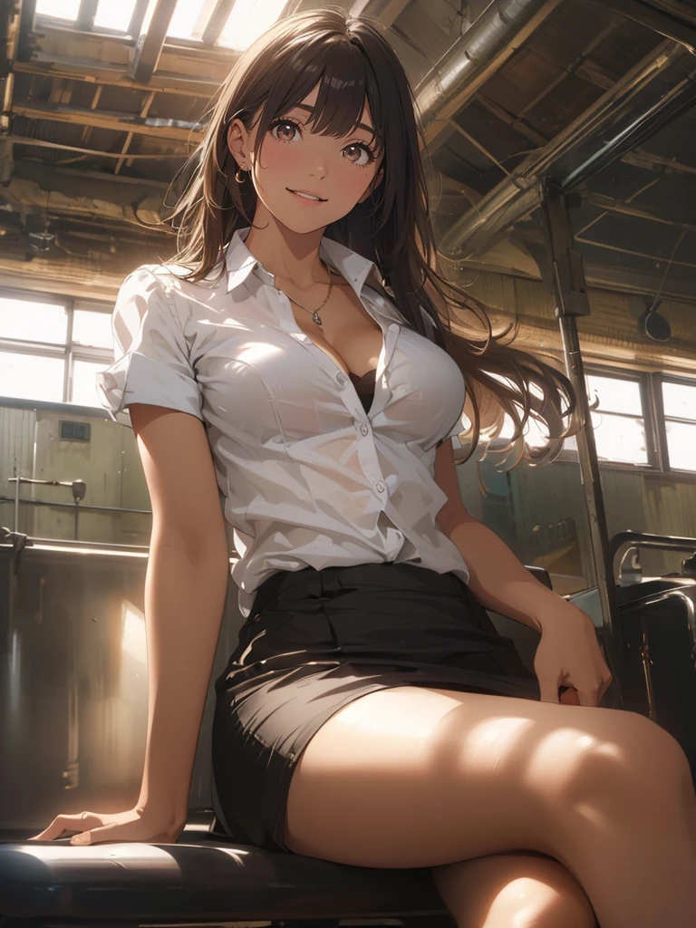 (masterpiece), (best quality), (ultra-detailed), (best illustration), (best shadow), (absurdres), Female, 25 years old, looking at viewer, steam, nsfw, light smile, medium breasts, cleavage, pantyhose,