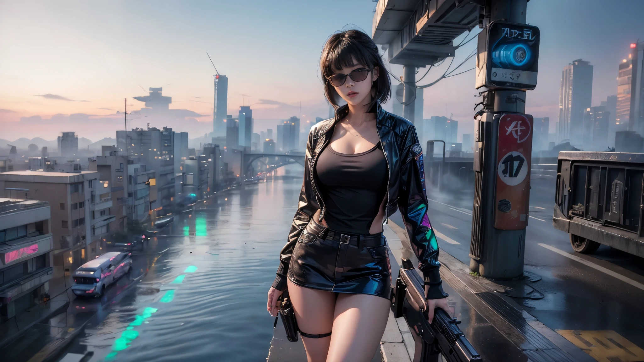 ８k, Realistic Skin Texture, Realistic Photo, Neo Tokyo, slim Japanese women, large-breast:1.3 cleavage, ＡＤ2050 at night, Dirty hunting jacket, Wearing multiple shirts, miniskirt, (((black sunglasses, automatic rifle, sneakers, cold, shooting pose, low angle view))), Innovative composition, revenge, An old 1966 Ford Bronco that looks out of place in a city, cyberpunk, blade runner worldview, Large neon sign, Geisha hologram sign, Strong Wakamoto Sign.