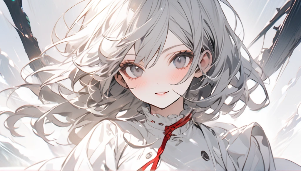 top-quality、Top image quality、tmasterpiece、girl vs.......((18yr old、White dress、best bust、Bust 85、A white-haired woman、Long gray hair、grey-eyed、red string,Black nails,we open our hearts、Happy、return blood))high high quality、visual art、Background with((Black and white world))、Kurosawa film style