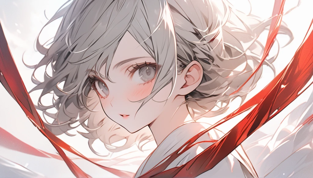 top-quality、Top image quality、tmasterpiece、girl vs.......((18yr old、White dress、best bust、Bust 85、A white-haired woman、Long gray hair、grey-eyed、red string,Black nails,we open our hearts、Happy、return blood))high high quality、visual art、Background with((Black and white world))、Kurosawa film style