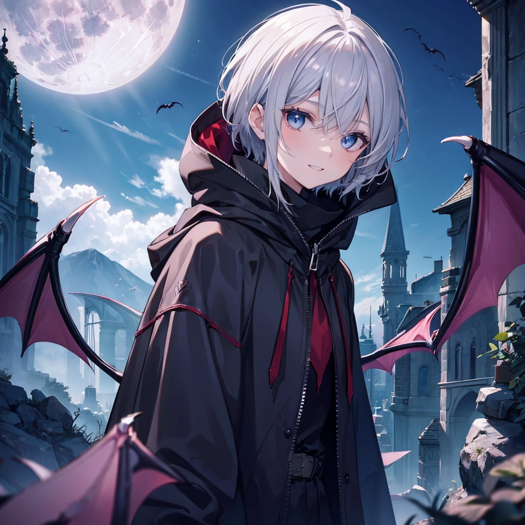 ((((vampire inflammation)))) (((Gray Hair short hair blue eyes woman Center close-up))),((night full moon My own big wings)),(Wearing a hood Black camisole Purple light Wearing a cloak), Creepy Smile Showing teeth Shining Background Shining Edges