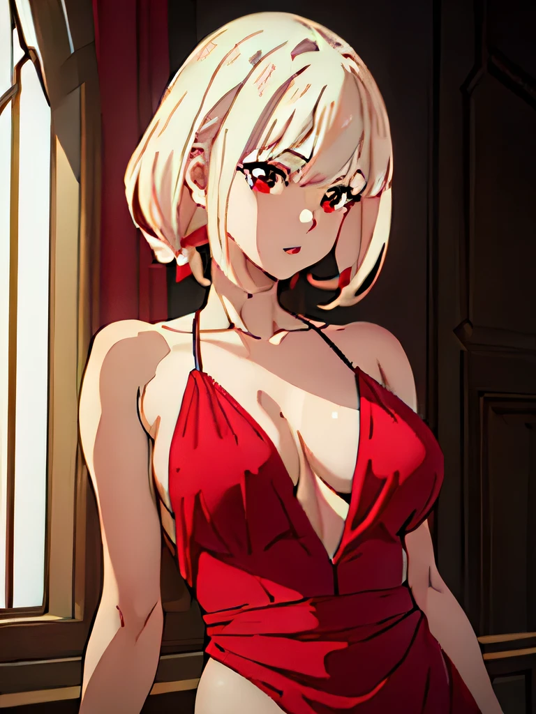 Beautiful woman, perfect body, deep neckline red dress, sexy, detailed face, detailed eyes, detailed lips, elegant, graceful, flawless skin, long eyelashes, mysterious, mesmerizing gaze, dramatic lighting, cinematic, chiaroscuro, dramatic colors, vivid, vibrant, glossy, (best quality,4k,8k,highres,masterpiece:1.2),ultra-detailed,(realistic,photorealistic,photo-realistic:1.37)