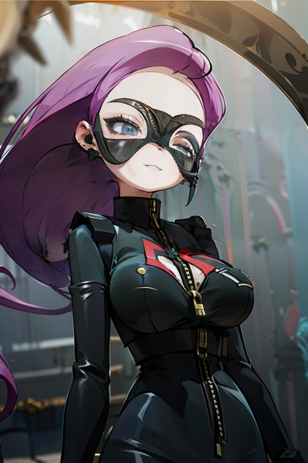 (Masterpiece), Best Quality, ultra-detailed, 1girl (jessie pokemon, Big and pretty breasts, naked body, hair slicked back, purple hair, long hair,blue eyes, half-closed eyes, black eye  mask),evil face, smirk, parted lips, head tilt, mascara, full makeup, black eyeshadow, red lipstick, solo,black tight bodysuit, zipper, in the cellar, dark, dark light, standing, Sexy waist teasing, holding knife,from_below