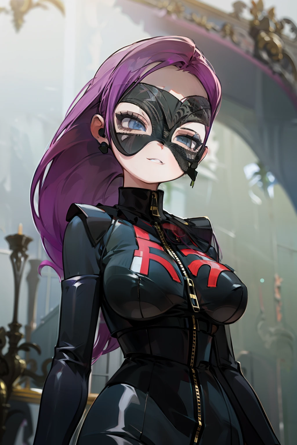 (Masterpiece), Best Quality, ultra-detailed, 1girl (jessie pokemon, Big and pretty breasts, naked body, hair slicked back, purple hair, long hair,blue eyes, half-closed eyes, black eye mask),evil face, smirk, parted lips, head tilt, mascara, full makeup, black eyeshadow, red lipstick, solo,black tight bodysuit, zipper, in the cellar, dark, dark light, standing, Sexy waist teasing, holding knife,from_below
