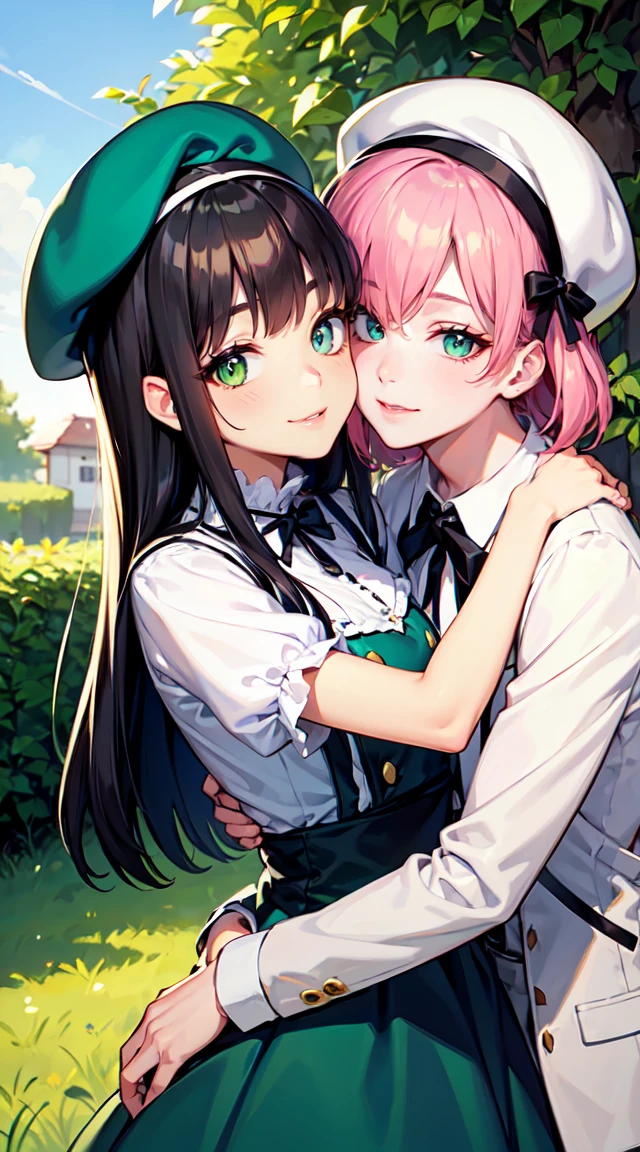 White skin girl, with green eyes , black hair, white and green lolita clothing, smiling. Hugging a bubblegum pink haired boy, green eyes and beret with pastel pink visor. Smiling in love. Beautiful poses. lovers, Good quality, garden background with plants. flirtatious