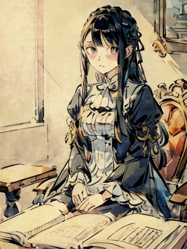 masuter piece, Best Quality, An ultra-high picture quality, top-quality, Anime style, The best lighting, Beautiful face, Rezero, Beatrice, 1girll, Forbidden Library Background, Sit in a chair and read a book, I don&#39;dong&#39;dong&#39;dong&#39;dong&#39;dong&#39;dong&#39;dong&#39;dong&#39;dong&#39;dong&#39;Don&#39;t write on your desk., Vertical twin roll hairstyle, Ink wash painting style