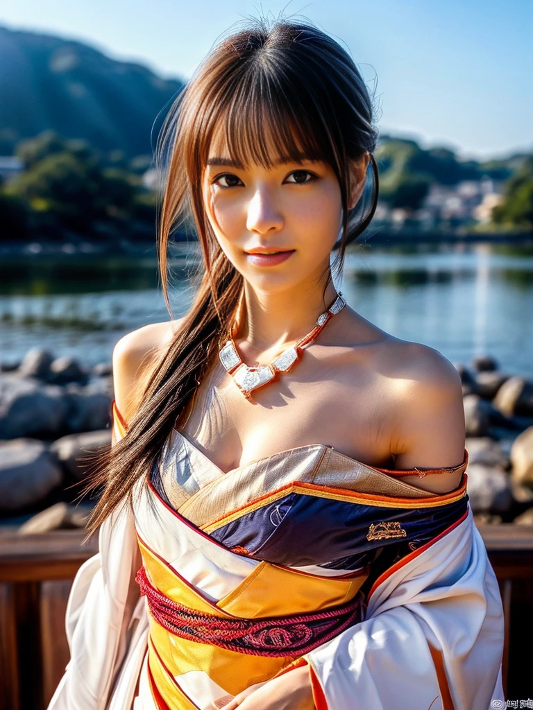 (RAW shooting, Photoreal:1.5, 8k, highest quality, masterpiece, ultra high resolution), Sengoku, Japanese architecture in the background collapses:1.3, いたるところで燃え上がる戦fire:1.3, perfect dynamic composition:1.2, Highly detailed skin and facial textures:1.2, Slim female samurai with a sharp Japanese sword:1.3, Fight:1.2, beautiful and aesthetic, cute and sexy beauty, perfect style:1.2, wear elaborate rings, fire, water, Wind, thunder, ice, Fair skin, very beautiful face, (Medium chest, Chest gap), (embarrassing smile, The expression on your face when you feel intense caress, Facial expression when feeling pleasure), (Wearing a sexy Sengoku uniform:1.2, off shoulder), (beautiful blue eyes, Eyes that feel beautiful eros:0.8), (Too erotic:0.9, Bewitching:0.9), full body shot