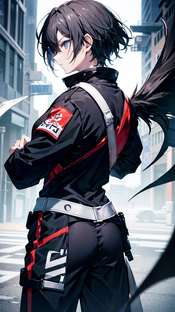 profile background, anime boy, serious face, black hair, grey eyes, martial arts clothing, high-res portrait, detailed eyes and face, character, fantasy, advanced urban, looking from behind at viewer, 4K, high resolution