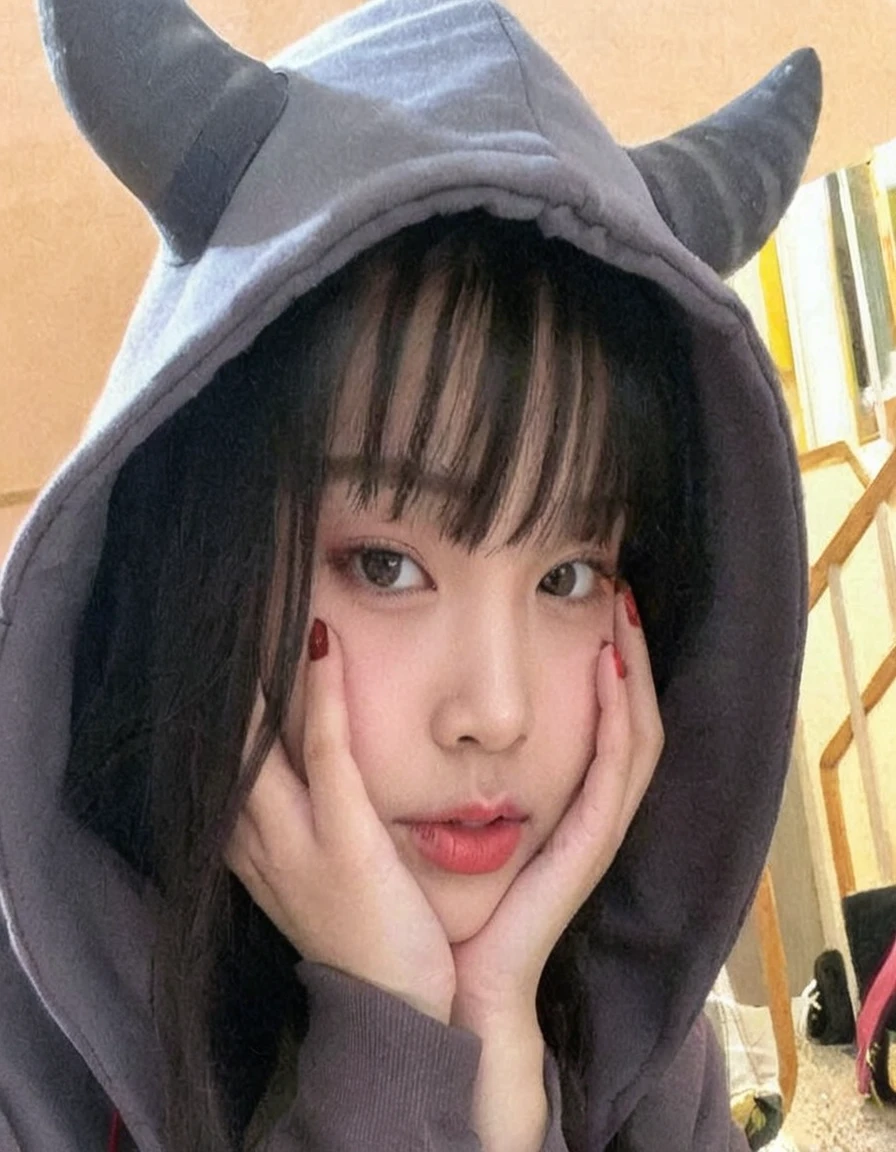 A cute girl wearing (((red))) hoodie with devil horn on it, red haze coming out from the edge of her eyes, little fangs on her teeth, holding her cheeks with her hand