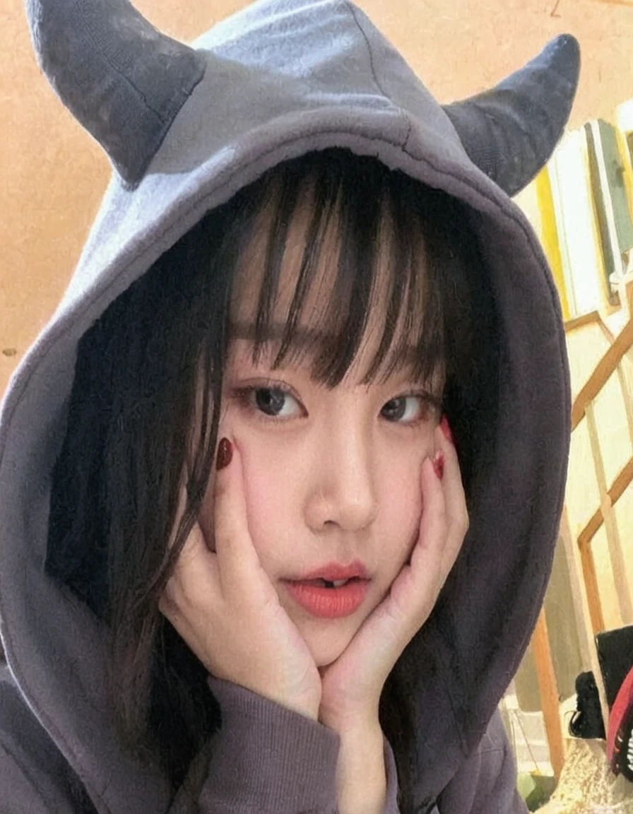 A cute girl wearing (((red))) hoodie with devil horn on it, red haze coming out from the edge of her eyes, little fangs on her teeth, holding her cheeks with her hand