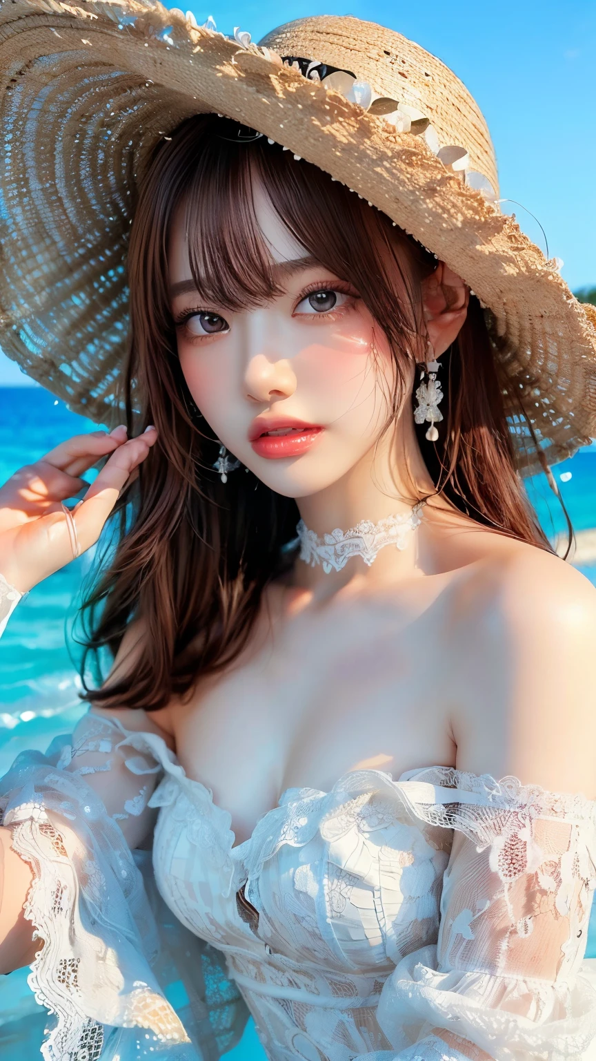 ((Highest quality)),(超A high resolution),(Very detailed),(Detailed Description),((The best CG)),(masterpiece),Very detailed art、Very beautiful and beautiful woman、Small breasts、(((Whitening 1.5)))、Clear skin quality、(((Whitening 1.5)))White lace dress、Off the shoulder、Small straw hat、Sandy Beach、Ocean、