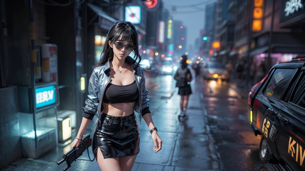 8k, Realistic Skin Texture, Realistic Photo, Neo Tokyo, slim Japanese women, large-breast:1.3 cleavage, AD2050 at night, Dirty hunting jacket, Wearing shirt, miniskirt, (((micro black sunglasses, automatic rifle, sneakers, cold, shooting pose, low angle view))), Innovative composition, revenge, An old 1966 Ford Bronco that looks out of place in a city, cyberpunk, blade runner worldview, Large neon sign, Geisha hologram sign, Strong Wakamoto Sign.
