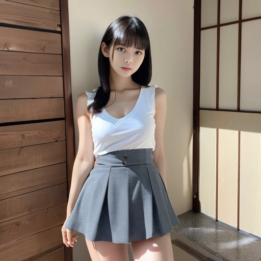  photos showing the entire body, including legs.

She is  a very cute 20y Japanese pure-type heroine with idol-like qualities. She has fair skin, a slender body, and a typical neat, elegant appearance of a pure-type heroine. 

She wears a simple yet torn, ripped and tattered sleeveless white V-neck top that highlights her upper chest line,
and a torn, ripped and tattered high-thigh-length very short gray mini-skirt. 
Her hair is black, straight, styled in a half-up look with some hair tucked behind her ears.