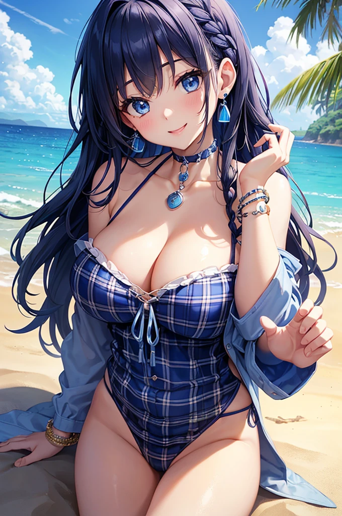 Highest quality、Highest quality、masterpiece、(8K),beauty(Age 25)、Navy blue long hair(Braiding of sides)、blue eyes、Sexy Bikini(Plaid)、Big cleavage、(Big Breasts)、smile、blue necklace、Blue Earrings、background(Beach)、Please open your mouth wide、bracelet、Arch Pose、Blue choker