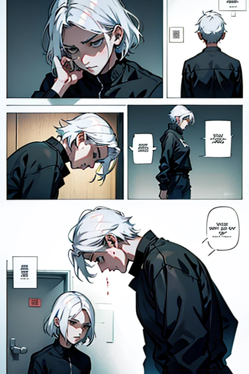 Girl with short white hair small and really skinny, feeling extremely sick, detailed illness, coughing blood, fainting , throwing up, bloody, manga page with panels and dialogue    