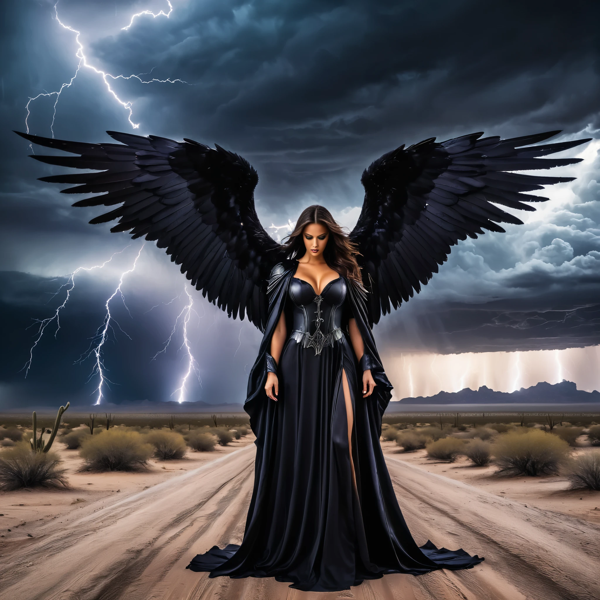 A gothic angel with dark, feathered wings and flowing black robes, standing in a dark desert with ominous storm clouds and eerie lightning.