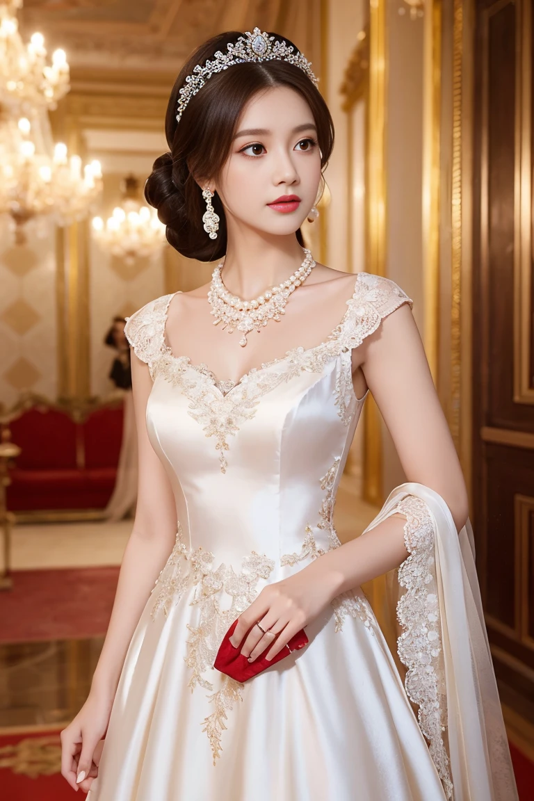 A ball held in a palace, a luxurious and formal atmosphere, a white dress, a silk dress, an empire dress, lace and jewelry decorations, embroidery decorations, a pearl necklace, pearl earrings, shiny hair pins, a ball gown for a feminine woman.