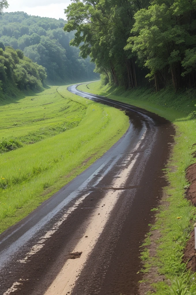Rainy road on a sunny day with some potholes and mud in a pasture with little vegetation