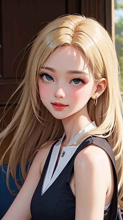 blush a little and smile, (Top quality masterpiece:1.2) Delicate illustrations, Very detailed, /Beautiful Japanese Women、1 person,Very cute and slim、Great style 、((8K images、super high quality))、Very delicate face, Skin and Hair、beautifule forehead、Red lipstick、(((((Mid-length hair、Blonde、lure))))),Very cute Japanese cut face、Eyes and nose are clearly visible、Kind eyes,((((Sleeveless fashion))))