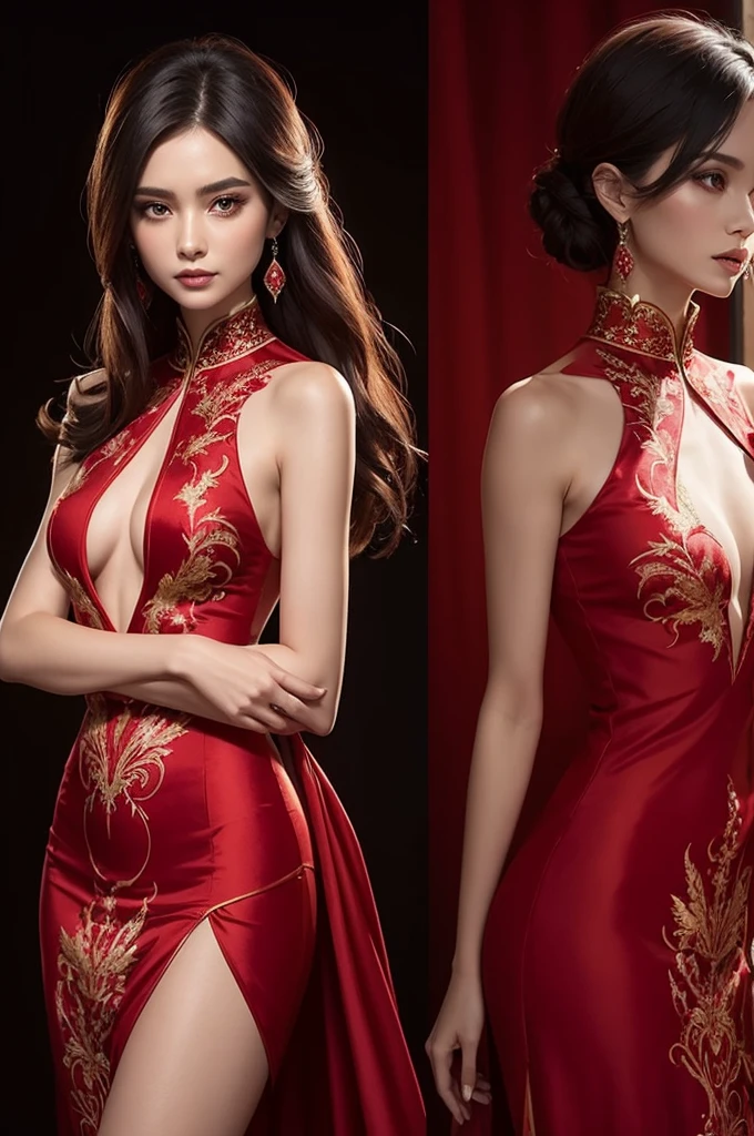 Exactly extravagant red silk dress, with phoenix embroidery with an elegant and tight silhouette with asymmetrical details and translucent fabric with a mirror effect, and with some crystals, and on the neck and hair with jade jewelry