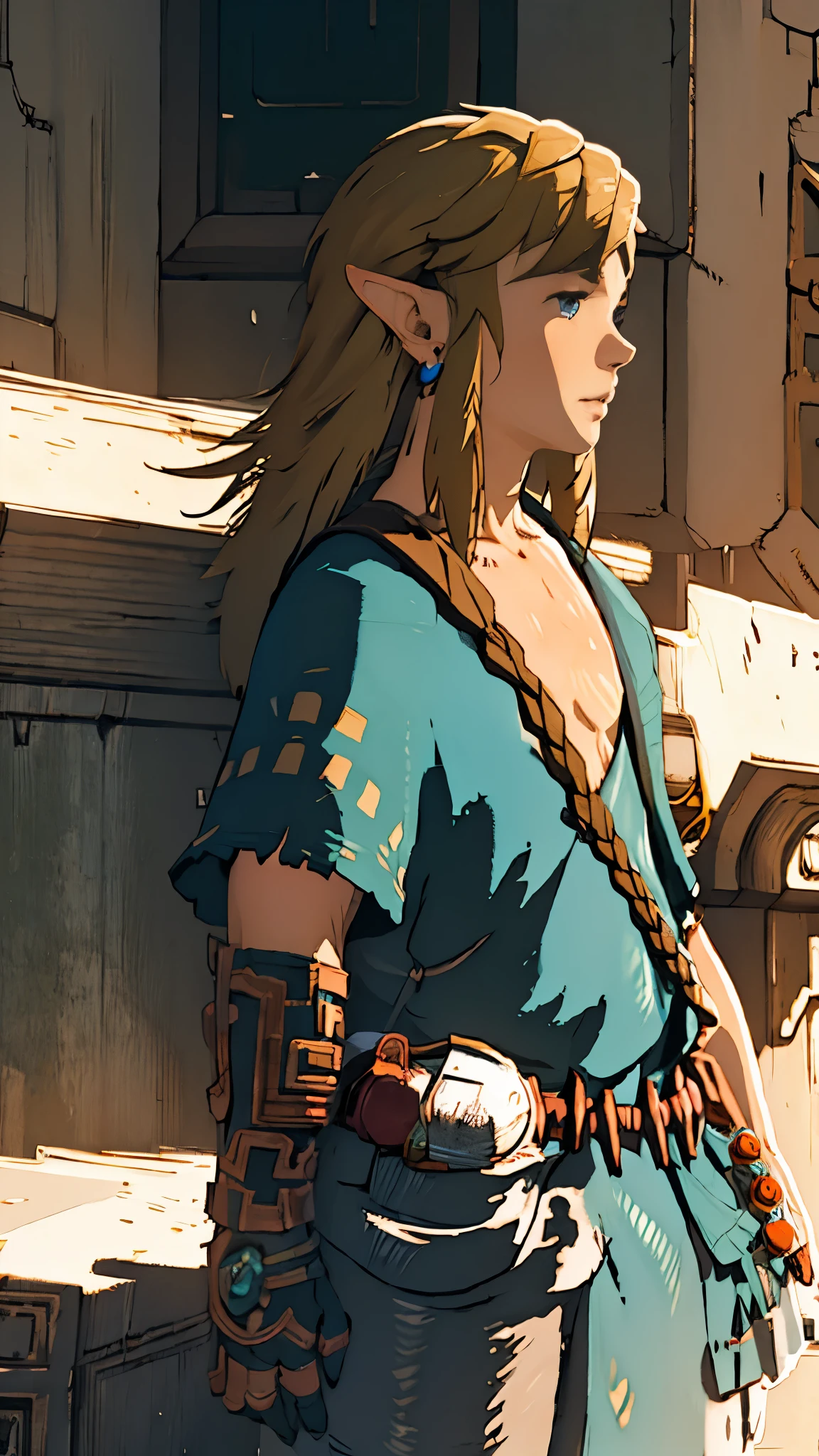 botw、profile、Link、Upper Body、look up、Plainale、Blue Costume、Masterpiece、Highest quality、male、Flowing Hair、shout