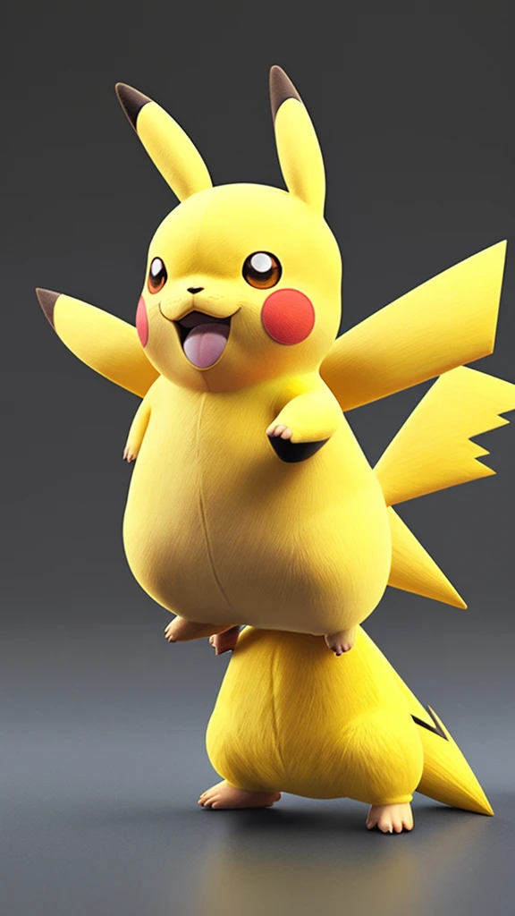 A hyper-realistic 3D rendering、Pokémon characters、Pikachu images、It has a yellow body and red cheeks.、Striking a lively pose、real face and real body、Ultra-realistic live-action style、