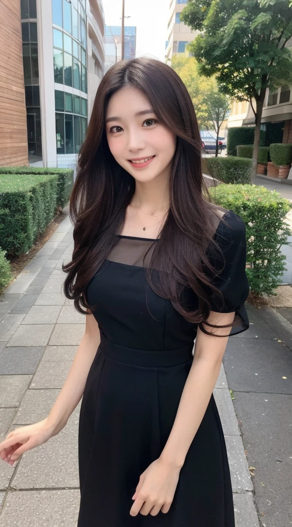 (((Yumikanok))),((Best quality, 8k, Masterpiece :1.3)), 1girl, smiling, full body, slim face, Pretty woman, (Dark brown hair), full length dress :1.1, Ultra-detailed face, Detailed eyes, Double eyelid, blur background, slim face, city, outside, street,