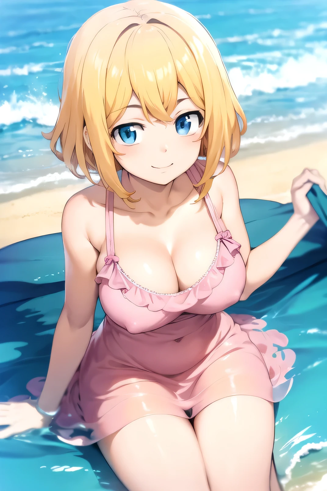 Takemichi feminine , tokyo revengers, blond hair, blue eyes, perfect face, feminine, whole body, takemichi in a summer dress, beach background, big breasts, pink cheeks,  Short hair, smile, transparent dress 