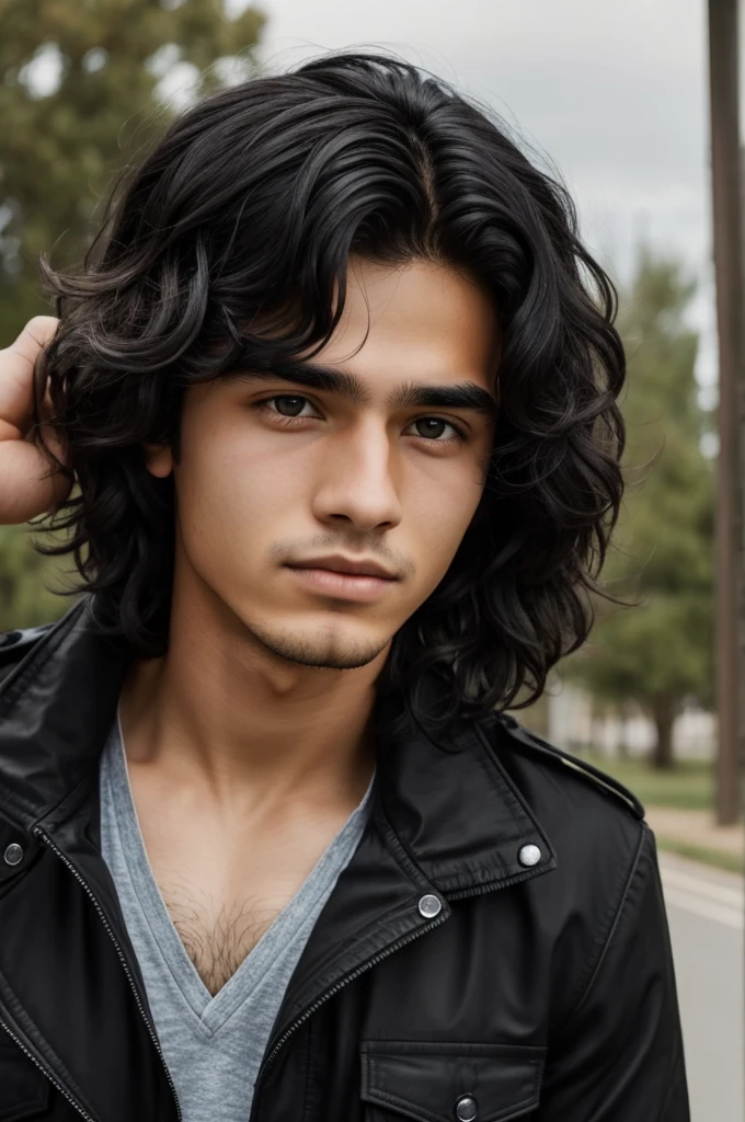 Boy from Chile who has pretty eyes, approximately 16 years old, with wavy black hair.. I have a black jacket on and I want all this in a very realistic style..