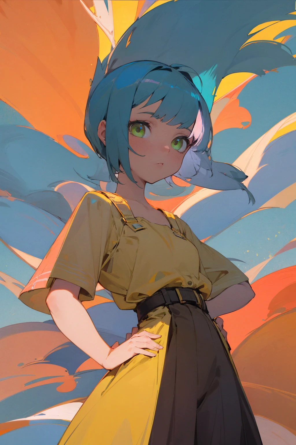 The curiosity, sky blue hair, short bob cut, hands on hips, yellow sundress, red belt, a girl, green eyes.