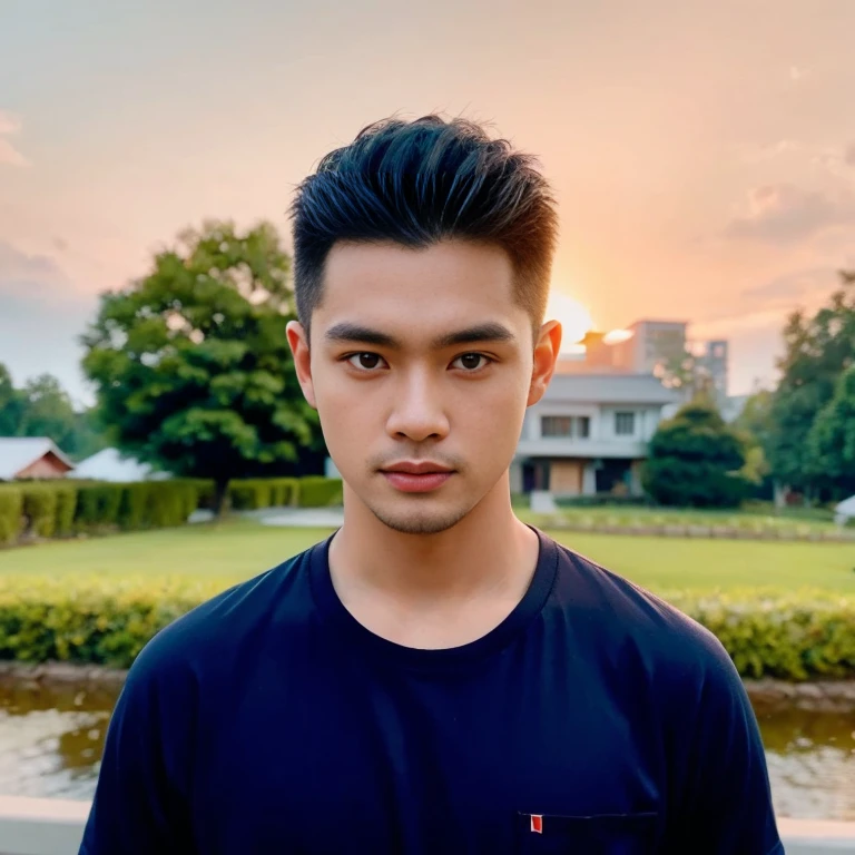 Close-up of a Southeast Asian man with a round face., black eyes, staring at the viewer, morning sun, ((face details)), Double eyelids, realistic, Masterpiece, Highest quality, lens flare, shade, [[Chromatic aberration, digital painting, 8K, 45,000,000,000 pixels,, t-shirt, long hair,black eyes,abdominal muscles, The body is beautiful and strong., digital painting, HDR, high contrast