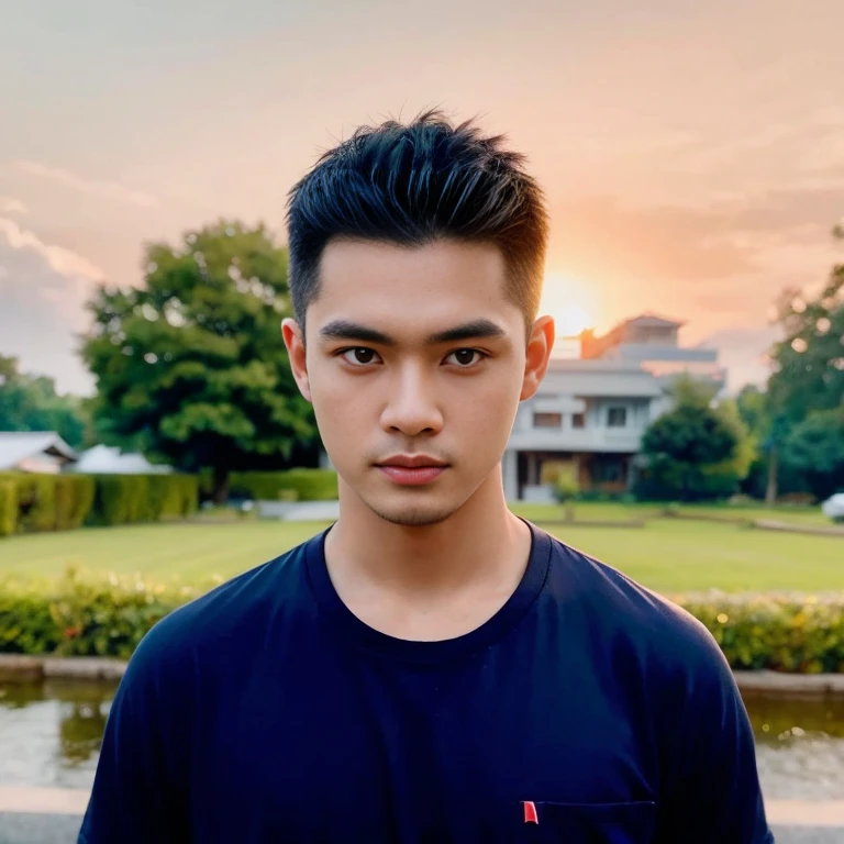 Close-up of a Southeast Asian man with a round face., black eyes, staring at the viewer, morning sun, ((face details)), Double eyelids, realistic, Masterpiece, Highest quality, lens flare, shade, [[Chromatic aberration, digital painting, 8K, 45,000,000,000 pixels,, t-shirt, long hair,black eyes,abdominal muscles, The body is beautiful and strong., digital painting, HDR, high contrast