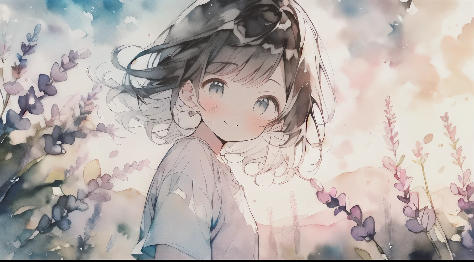 (pastel color:1.5), (Cute illustrations:1.5), (watercolor drawing:1.2), Lavender field, Lavender as far as the eye can see, small Lavender, cowboy shot, from below, smiling face, calm atmosphere
