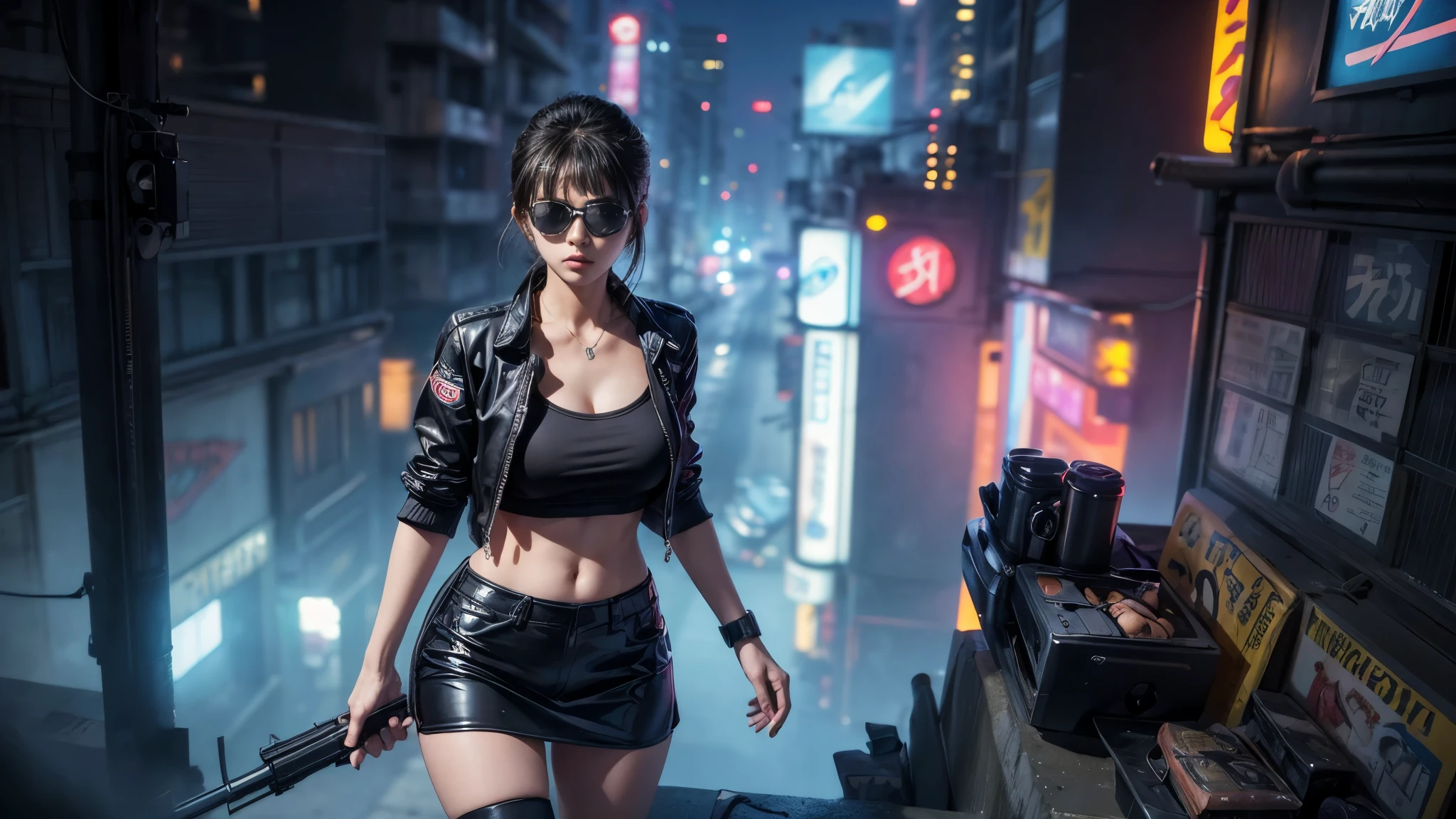 8k, Realistic Skin Texture, Realistic Photo, Neo Tokyo, slim Japanese women, large-breast:1.3 cleavage, AD2050 at night, Dirty hunting jacket, Wearing multiple shirts, miniskirt, (((black sunglasses, automatic rifle, sneakers, cold, shooting pose, low angle view))), Innovative composition, revenge, An old 1966 Ford Bronco that looks out of place in a city, cyberpunk, blade runner worldview, Large neon sign, Geisha hologram sign, Strong Wakamoto Sign.