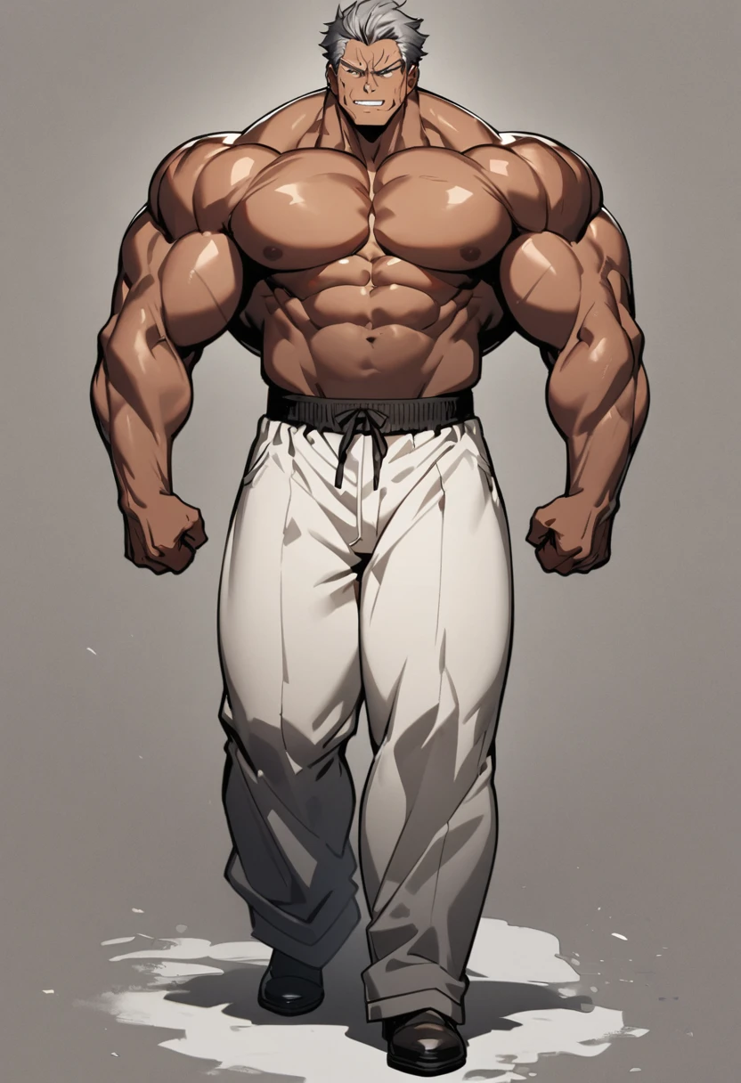 a 50-year-old male character, 2,0m high, short gray hair, dark brown eyes, skin tanned, fully body, tall and muscular.