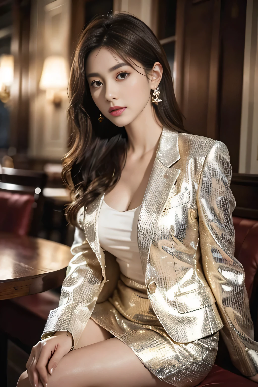 masterpiece, Highest quality, Realistic, Very detailed, Finer details, High resolution, 8k wallpaper, One beautiful woman,Wear a nice suit, In a great restaurant, At night, Light brown messy hair, Perfect dynamic composition, Beautiful and beautiful eyes、Big earrings、Sit on a chair