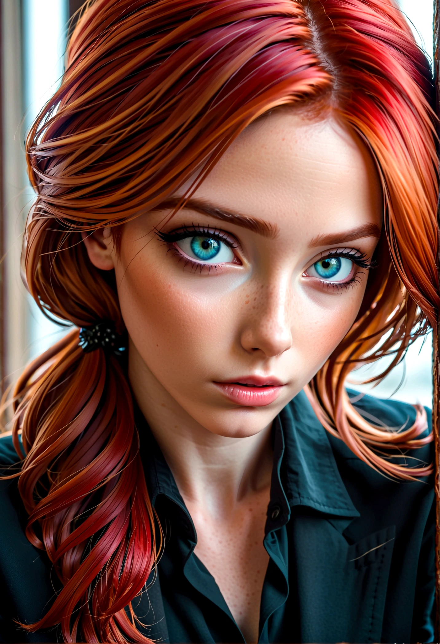 make a lesbian woman with red hair, blue eye, black clothes, and she has depression