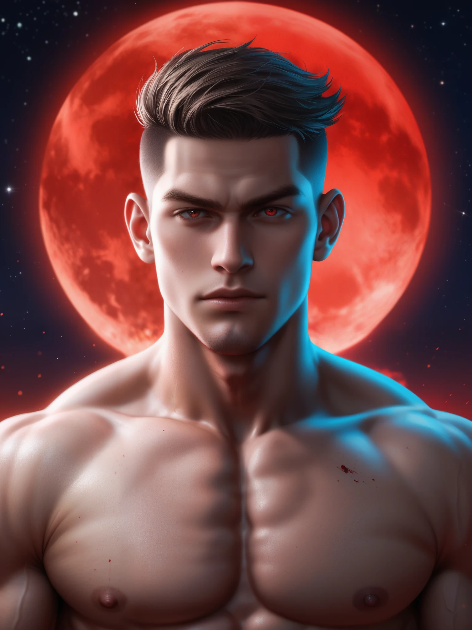 score_9, score_8_above, (1man), A naked muscle male, mature male, footballer body type, sorcerer, sorcerer clothing, blood moon, red blood moon, magic power, Handsome face, eyes with brightness, The man looks confident and determined, crew cut, Stars dot the sky, night sky looks sinister and dangerous, blood red night sky, evil-looking but attractive man,
