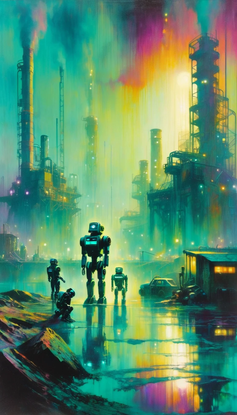 a futuristic polluted world, robotic figures, decaying industrial landscape, glowing polluted water, dystopian sky colors, atmospheric lighting, ,(art inspired by Bill Sienkiewicz ). oil painting)