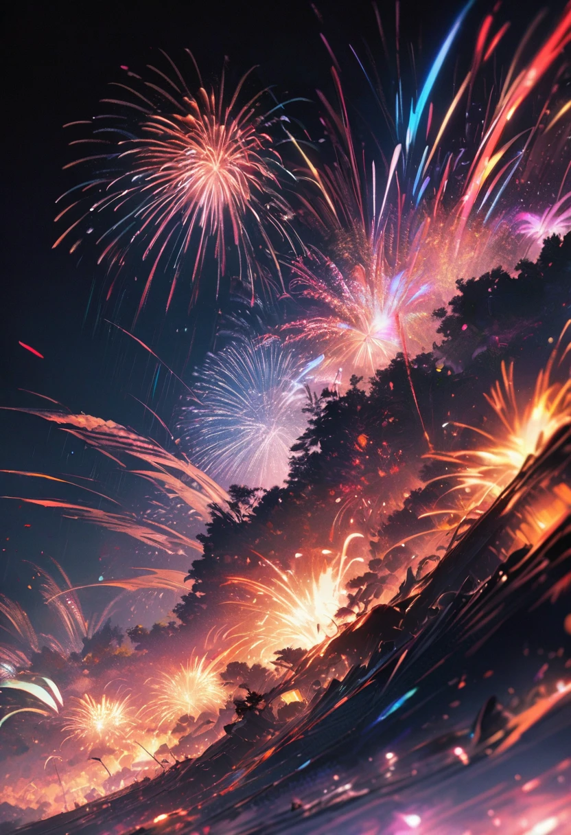best quality, super fine, 16k, incredibly absurdres, extremely detailed, 2.5D, delicate and dynamic depiction, solid black image, fireworks display with iridescent flashes