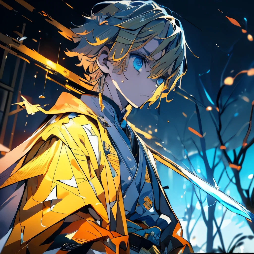 Masterpiece、Delicate eyes、Zenith agatsuma、、Yellow Hair、Serious face、Japanese sword、Lightning Background、Upper Body