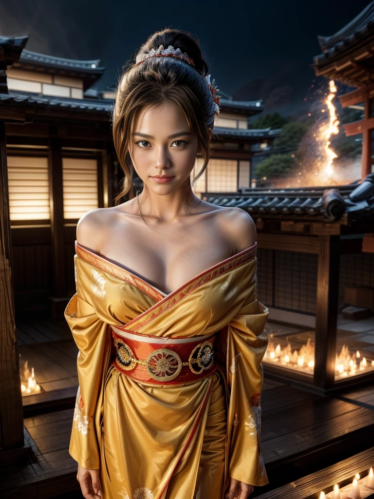 (RAW shooting, Photoreal:1.5, 8k, highest quality, masterpiece, ultra high resolution), Sengoku, Japanese architecture in the background collapses:1.3, いたるところで燃え上がる戦fire:1.3, perfect dynamic composition:1.2, Highly detailed skin and facial textures:1.2, Slim female samurai with a sharp Japanese sword:1.3, Fight:1.2, beautiful and aesthetic, cute and sexy beauty, perfect style:1.2, wear elaborate rings, fire, water, Wind, thunder, ice, Fair skin, very beautiful face, (Medium chest, Chest gap), (embarrassing smile, The expression on your face when you feel intense caress, Facial expression when feeling pleasure), (Wearing a sexy Sengoku uniform:1.2, off shoulder), (beautiful blue eyes, Eyes that feel beautiful eros:0.8), (Too erotic:0.9, Bewitching:0.9), full body shot