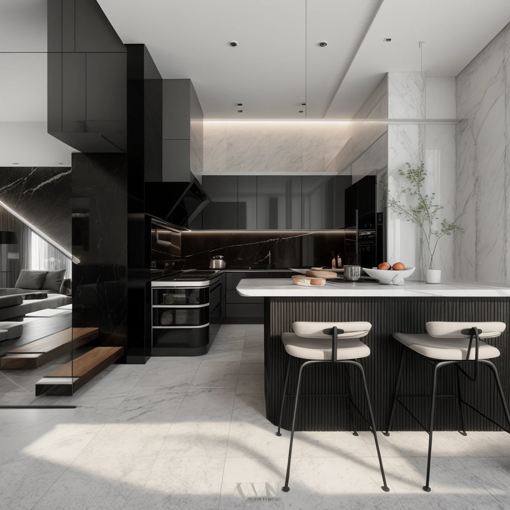 RAW photo, 8k uhd, dslr, soft lighting, high quality, film grain, Fujifilm XT3, interior of kitchen, modern style, black wood, black marble, sofa, table, chair, stair, tree, daylight,