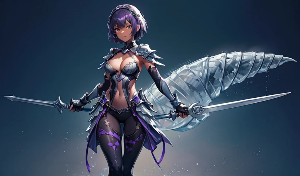 young woman with purple short hair, dark gray skin, flat chest,cleavage,Extremely slim body,tights,bare arm gauntlets,leggings,dagger,metallic line,Standing,valley cliff