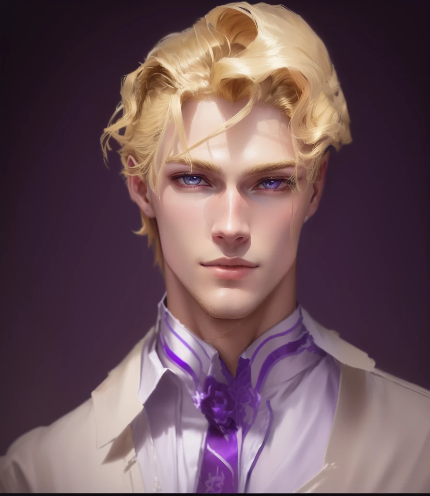 Close-up of a man with blond hair and a purple shirt, beautiful androgynous prince, gentle androgynous prince, handsome guy in demon slayer art, Jojo in anime style, Johan Liebert teaming up with Alucard, made in an anime artist&#39;s studio, Anime portrait of a handsome man, Johann Liebert and Dante, drawn in an anime artist&#39;s studio, androgynous face