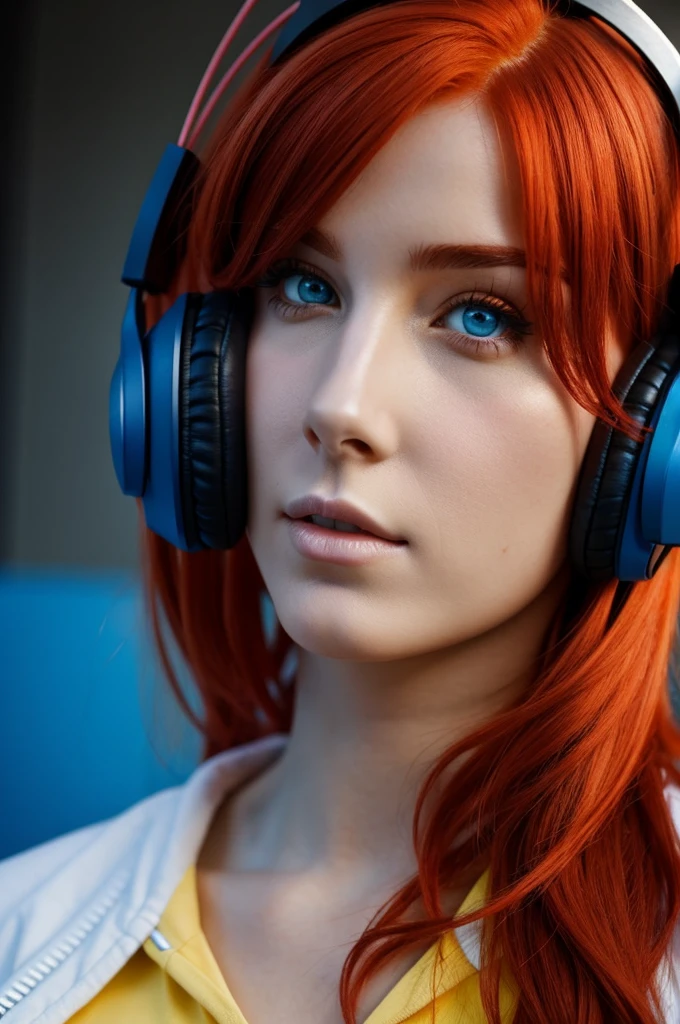 Woman with red hair and two different eye colors which is blue and yellow wears headphones and is a gamer very beautiful and sexy 