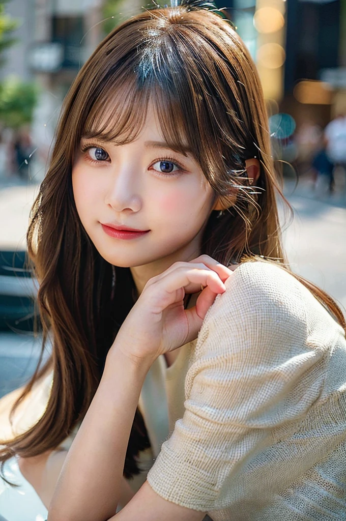 (masterpiece:1.5)、(Realistic:1.5)、(Highest quality:1.4、8K、RAW Photos）、 Ultra-high resolution、Professional Lighting、Perfect dynamic composition、Film Grain、chromatic aberration、(Bokeh:1.1)、 Frank、Sophisticated、charm、超Realistic、High detail、Golden Ratio、  Girl)、Slender girl、繊細でcharm女の子、Cute Woman:1.4、 Serious expression、Looking at the audience、Light brown hair、Shiny Hair、Hairstyle: Long hair、 Realistic looking skin、 smile、Beautiful Eyes、double eyelid、Thin arms、