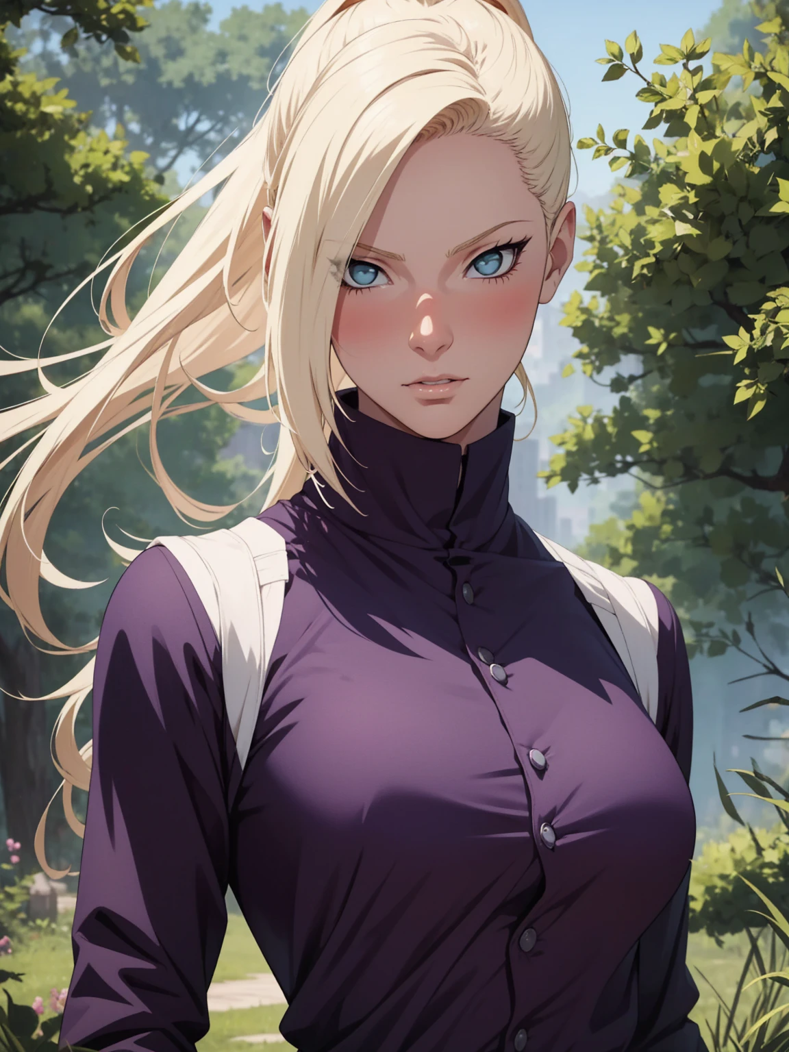 {-erro_de_anatomia:1.0} estilo anime, Masterpiece, absurdities, Yamanaka Ino\(Naruto\), 1girl Solo, woman, Perfect composition, Detailed lips, Beautiful face, body proportion, Blush, Long blonde hair, blue eyes, purple blouse, purple pant, Soft gauze, Super realistic, Detailed, photo shoot, Realistic faces and bodies, masterpiece, best quality, best illustration, hyper detailed, 1 woman, solo, glamorous, blushing, upper body, fighting, on nature, look at the view, dimanic poses,