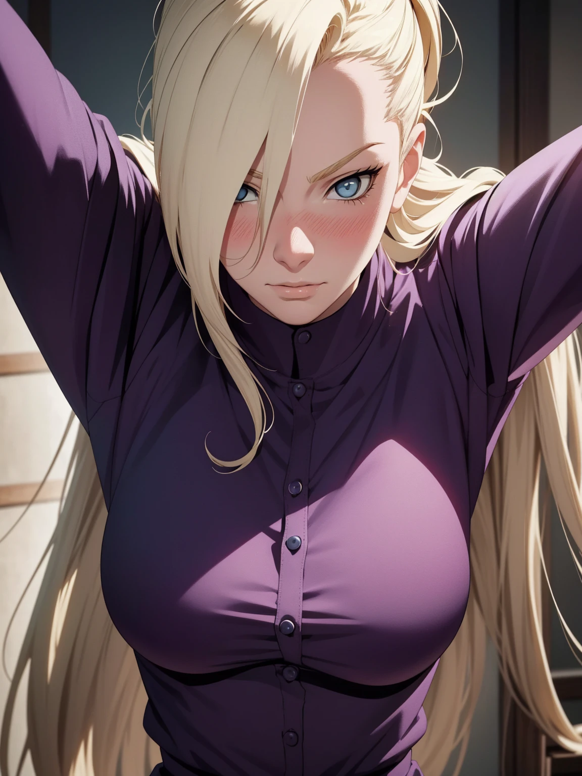 {-erro_de_anatomia:1.0} estilo anime, Masterpiece, absurdities, Yamanaka Ino\(Naruto\), 1girl Solo, woman, Perfect composition, Detailed lips, Beautiful face, body proportion, Blush, Long blonde hair, blue eyes, purple blouse, purple pant, Soft gauze, Super realistic, Detailed, photo shoot, Realistic faces and bodies, masterpiece, best quality, best illustration, hyper detailed, 1 woman, solo, glamorous, blushing, upper body, fighting, on nature, look at the view, dimanic poses,