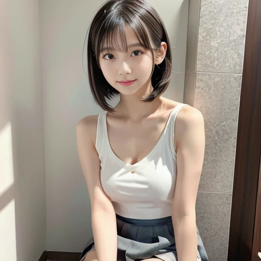  photos showing the entire body, including legs.

She is  a very cute 20y Japanese pure-type heroine with idol-like qualities. She has fair skin, a slender body, and a typical neat, elegant appearance of a pure-type heroine. 

She wears a simple yet torn, ripped and tattered sleeveless white V-neck top that highlights her upper chest line,
and a torn, ripped and tattered high-thigh-length very short gray mini-skirt. 
Her hair is black, straight, styled in a half-up look with some hair tucked behind her ears.